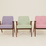 Mid-century modern armchair, oak wood, natural wool.