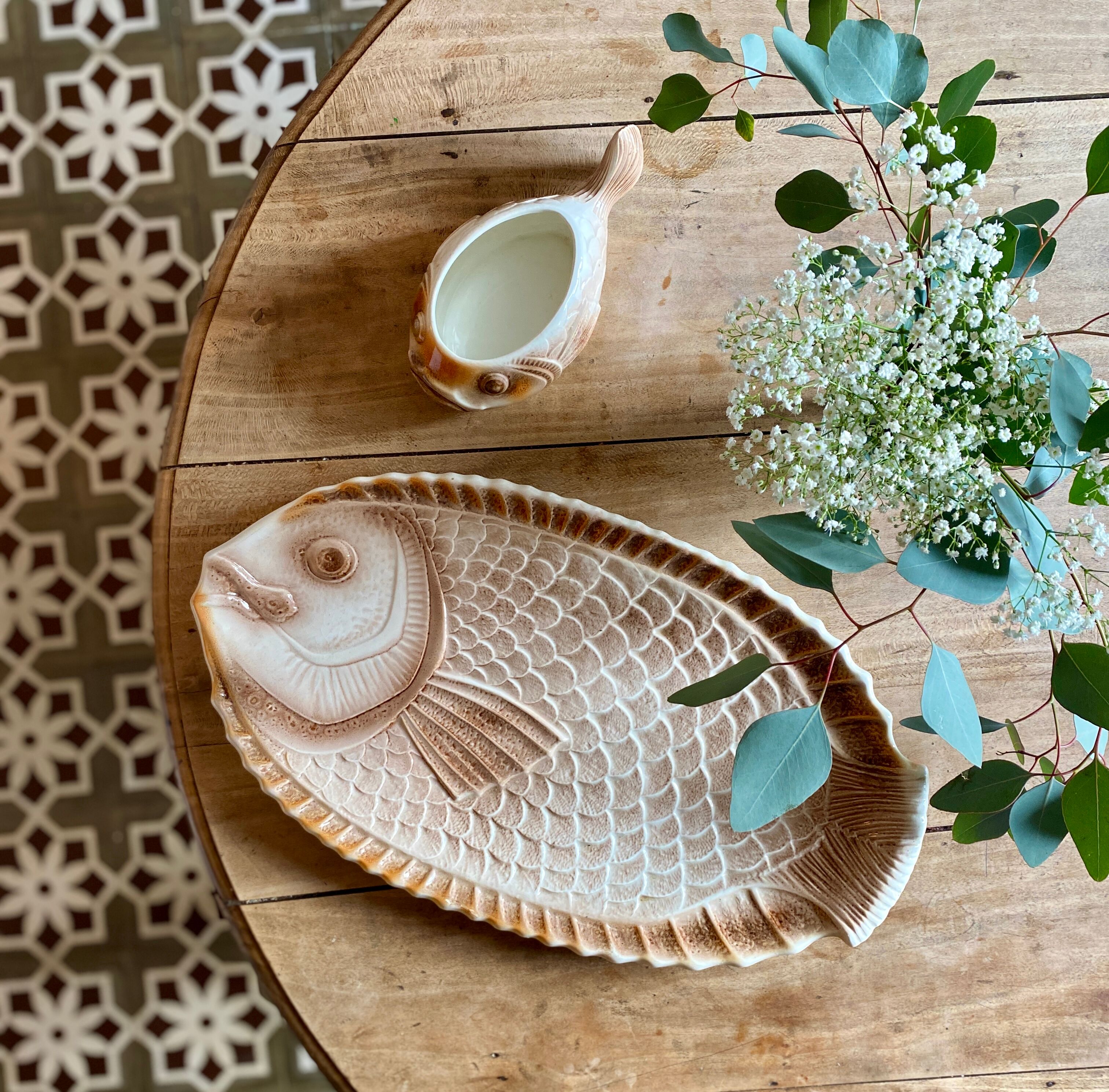 Lot plat et saucière poisson vintage Sarreguemines