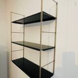 Adjustable vintage wall shelf in black metal and brass
