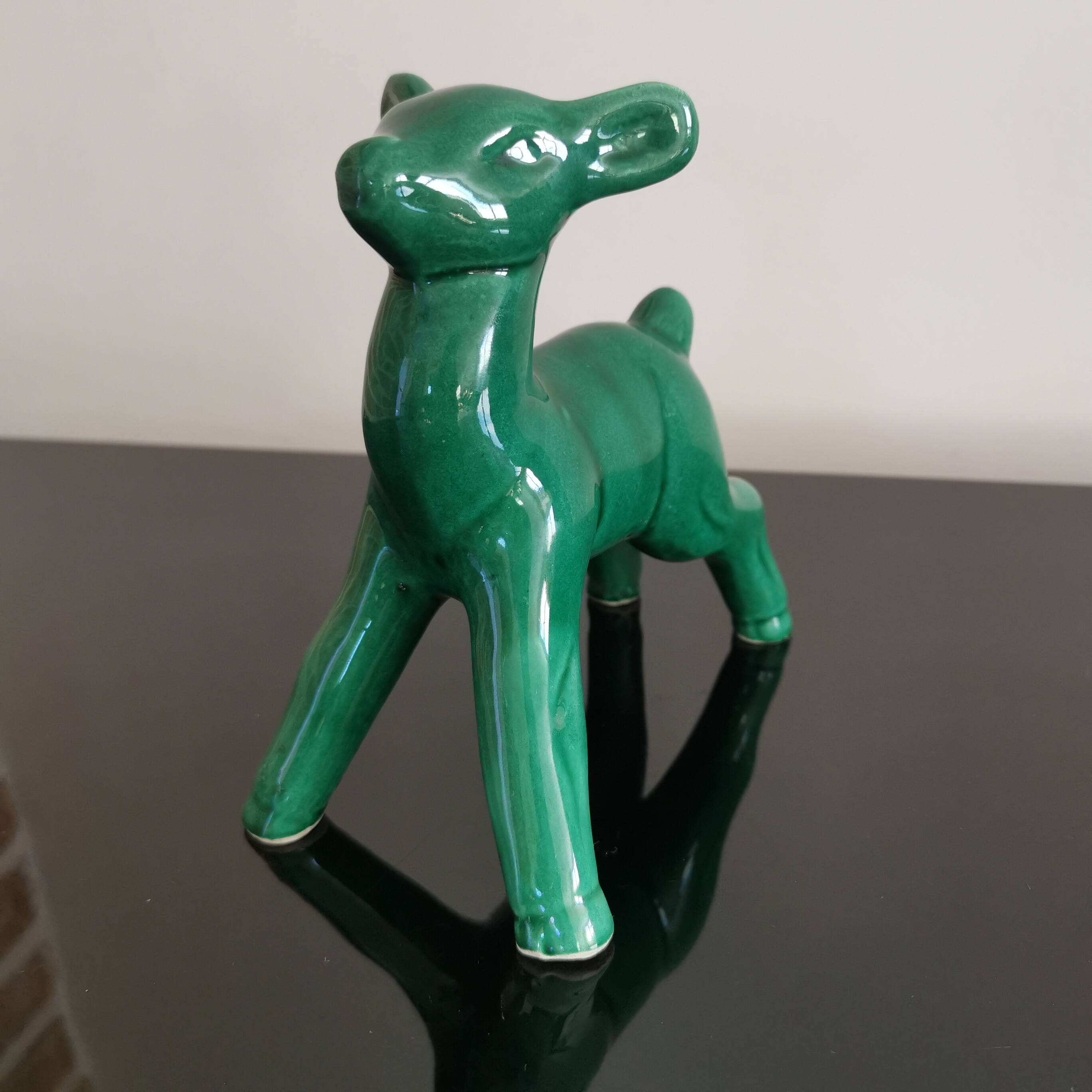 Vintage art deco green earthenware doe from the 60s