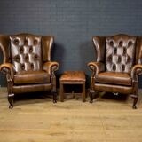 Set of Chesterfield armchairs with footstool