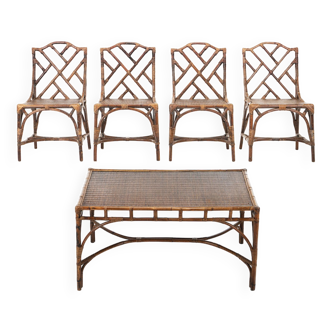 Rattan and Bamboo Dining Table and 4 Dining Chairs, 1970s