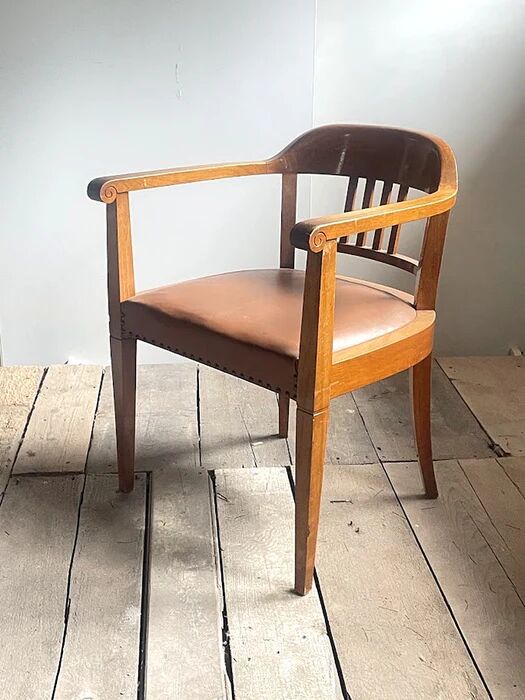 Swiss Art Deco Wood Armchair with Brown Leather Seat, 1930s