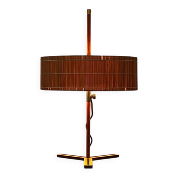 Minimalist tripod table lamp in teak, mid-century German style by Kaiser Leuchten, 1960s.