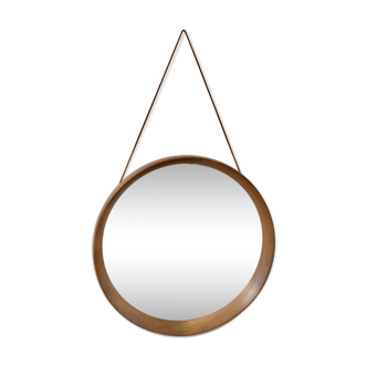 Mid-Century Circular Teak Mirror with Leather Strap by Pedersen Hansen