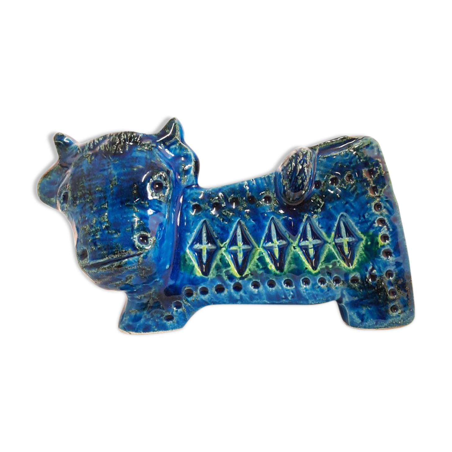 Vintage bull statue, design aldo londi for bitossi, rimini blue series.