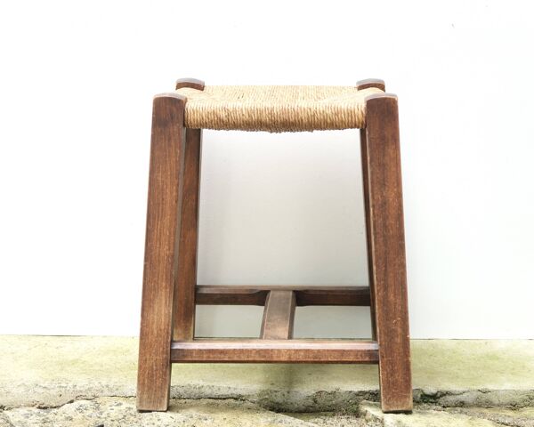 Tabouret en bois avec assise en paille, années 70