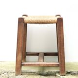 Wooden stool with straw seat, 1970s