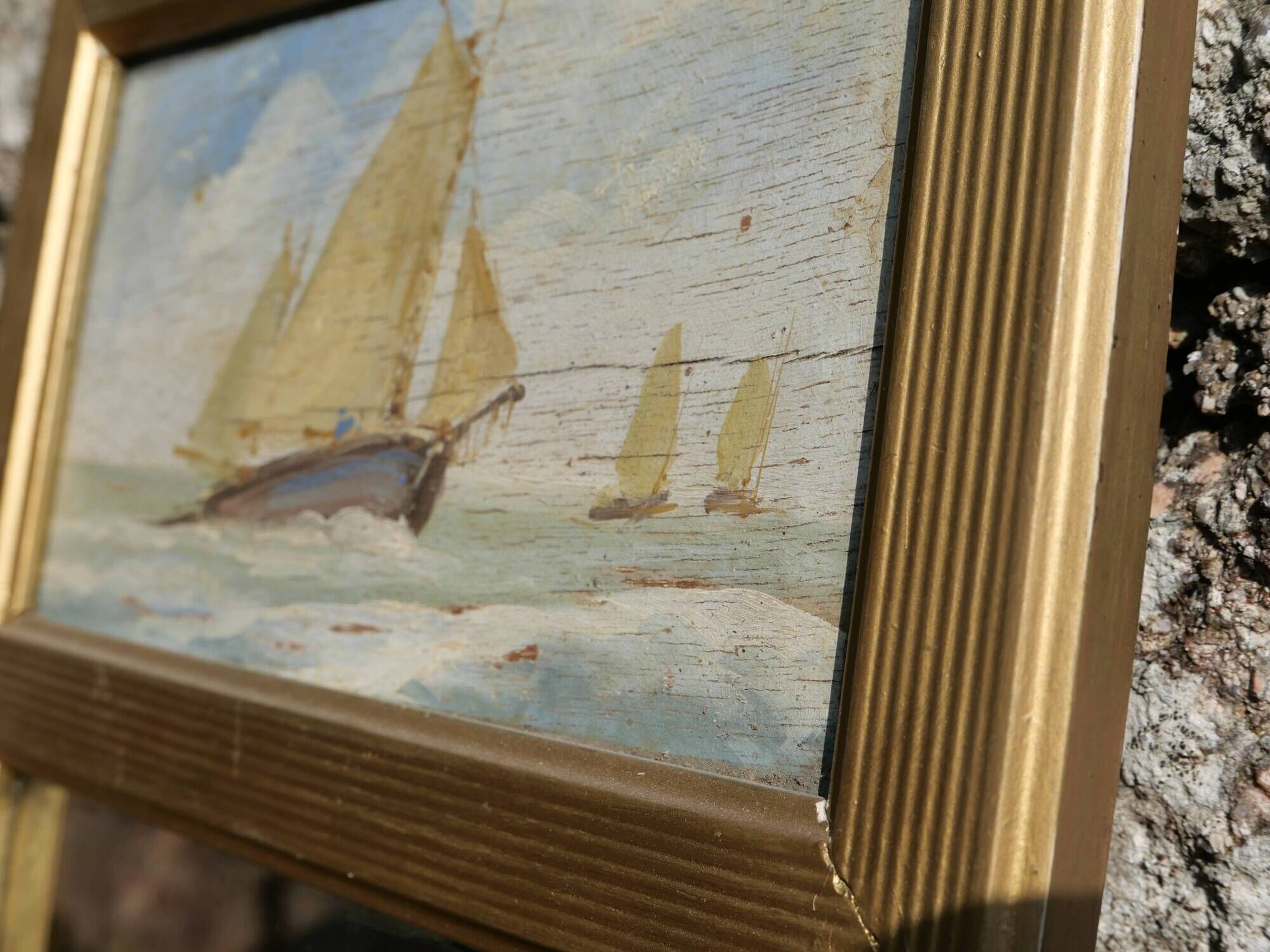Mirror trumeau sailboat oil painting on wood