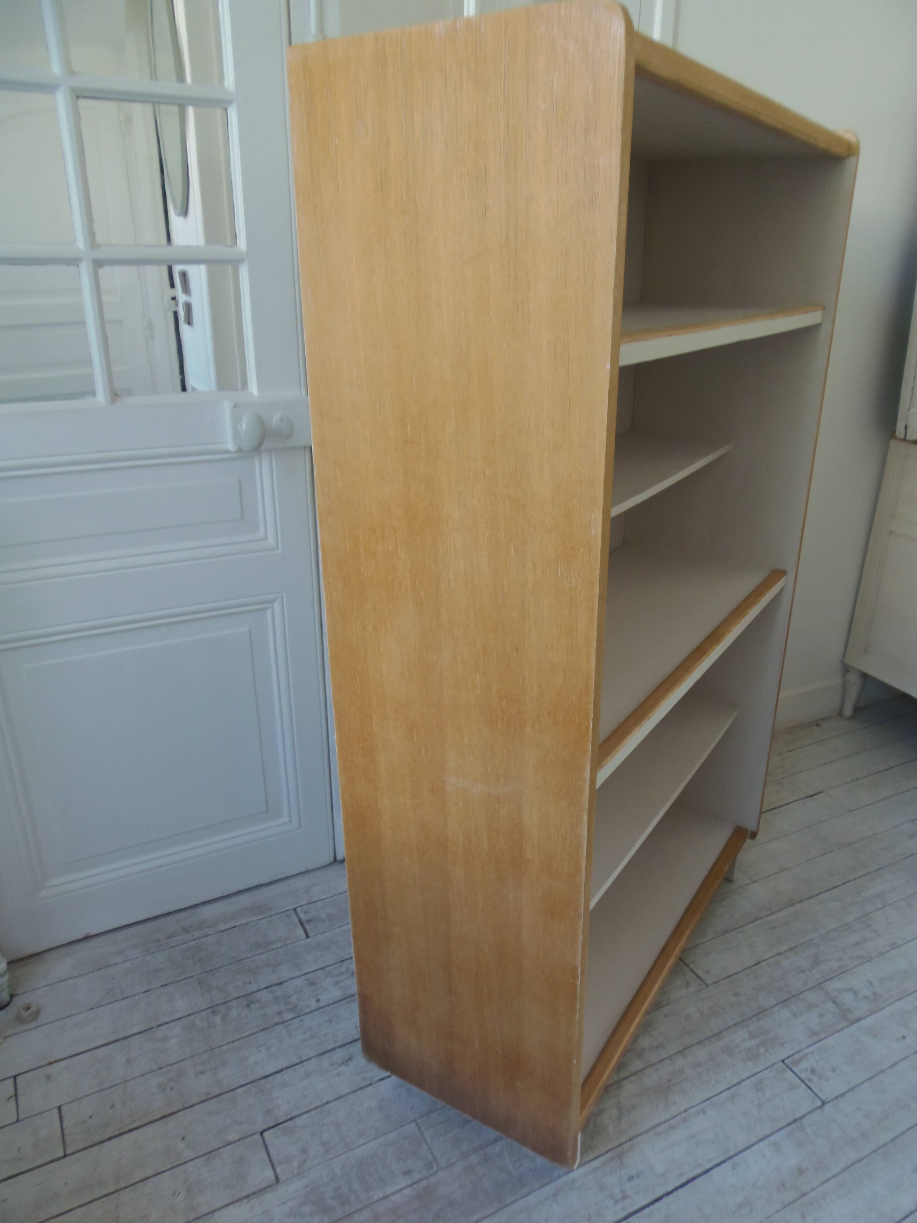 Vintage library in oak veneer, pearl grey interior, metal legs.