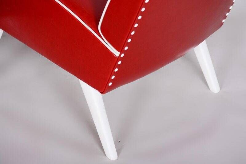 Mid-Century Red Leather and Beech Armchairs, Czechia, 1950s, Set of 2