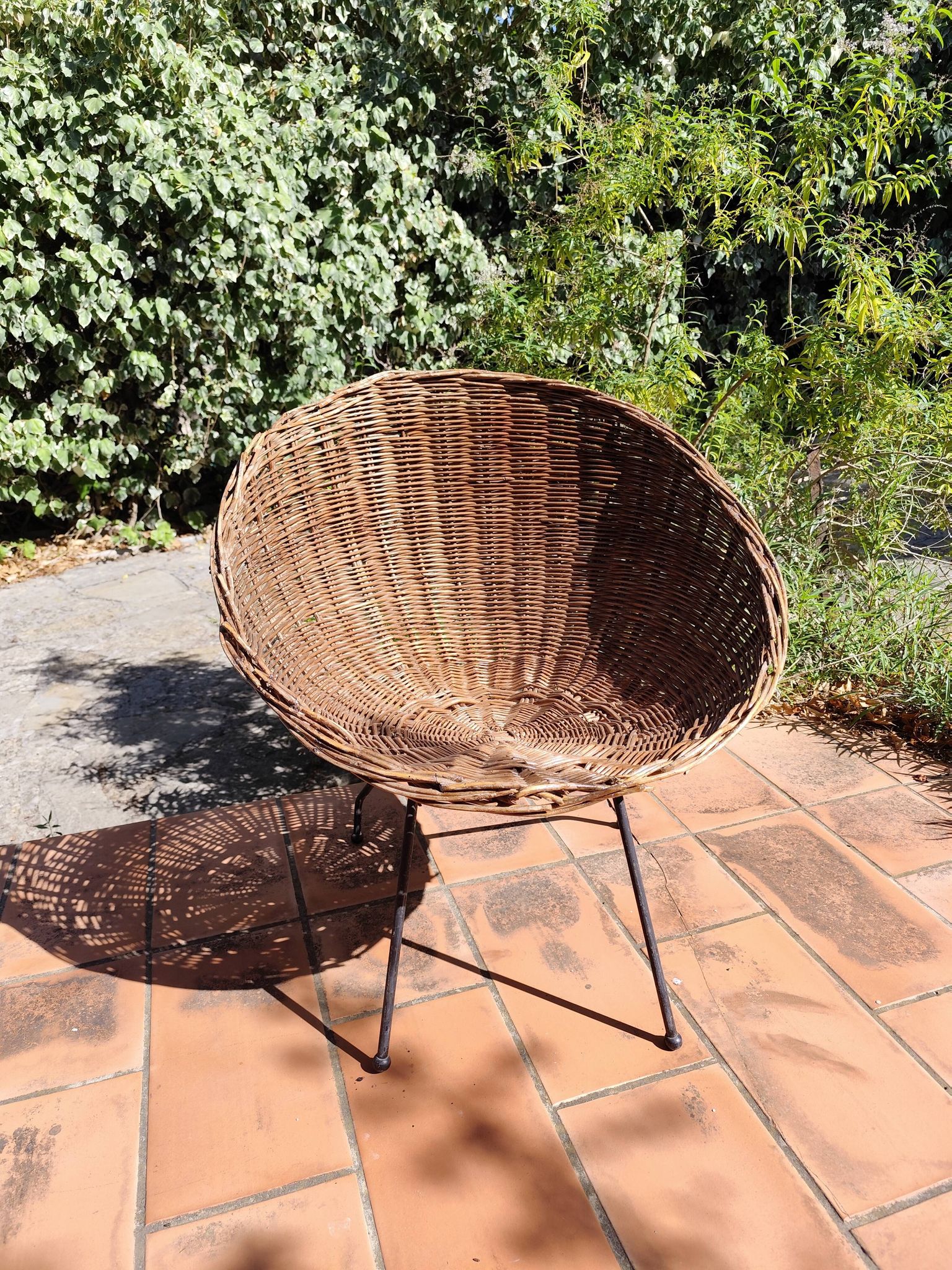 Fauteuil Corbeille en rotin et fer forgé 1950 vintage