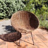 Vintage 1950s rattan and wrought iron basket armchair