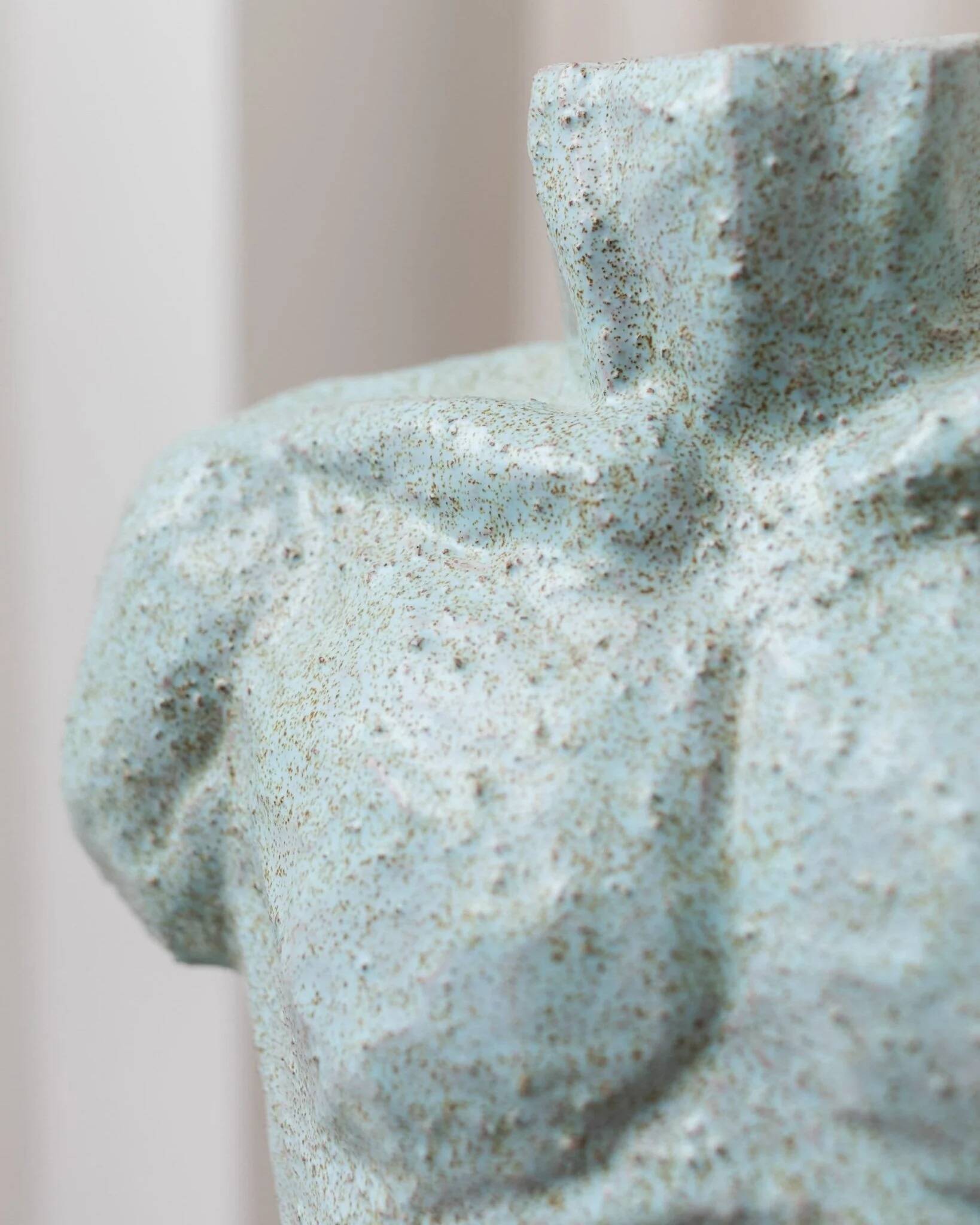 Light blue clay ceramic torso statue – mid-century design sculpture, heavy studio piece