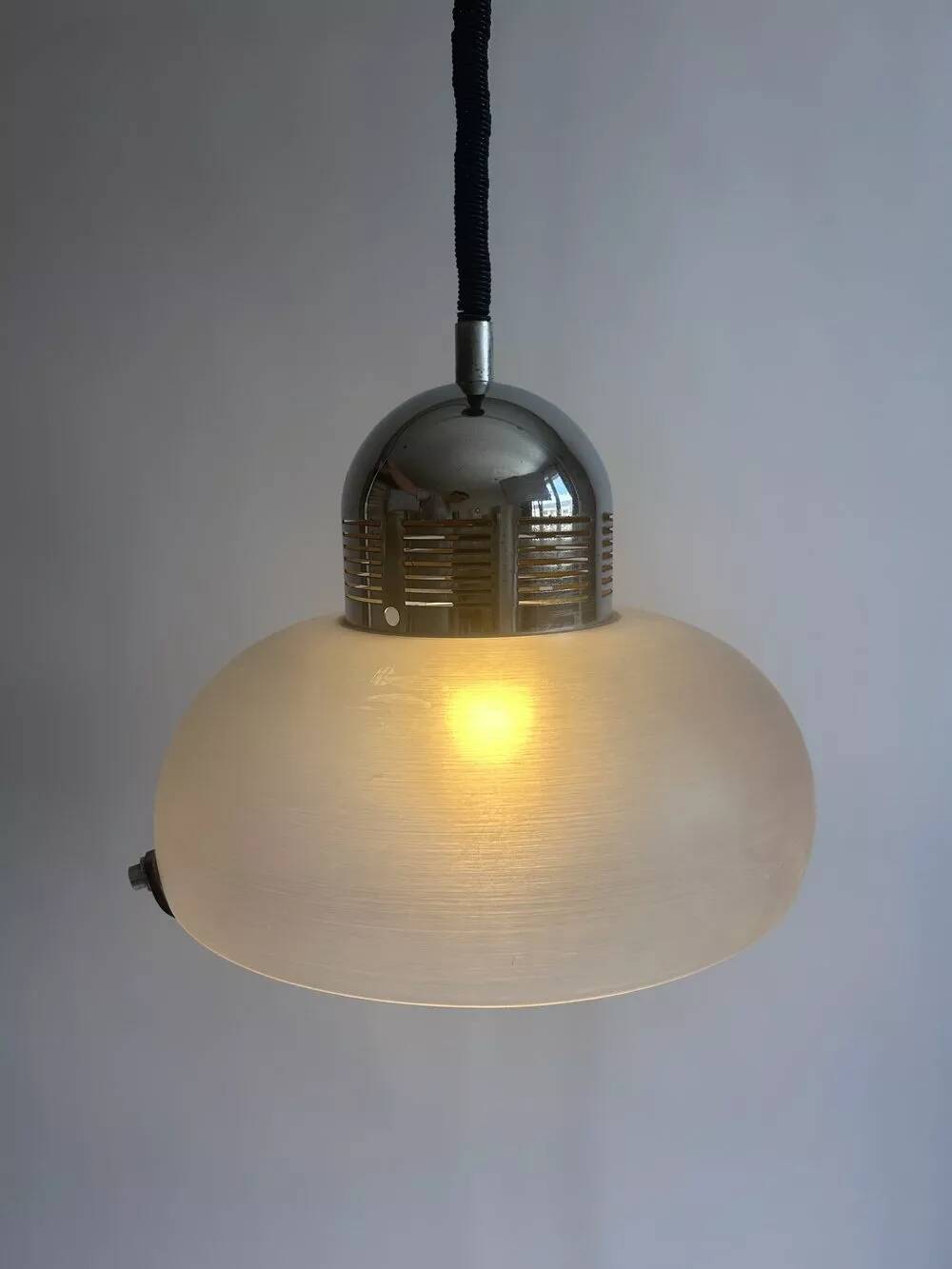 Vintage chrome and frosted plexiglass pendant light - 1970s