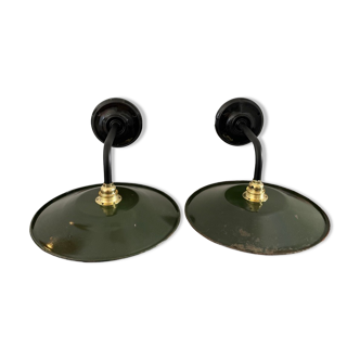 Set of two green enamelled sheet metal wall lamps electrified to nine