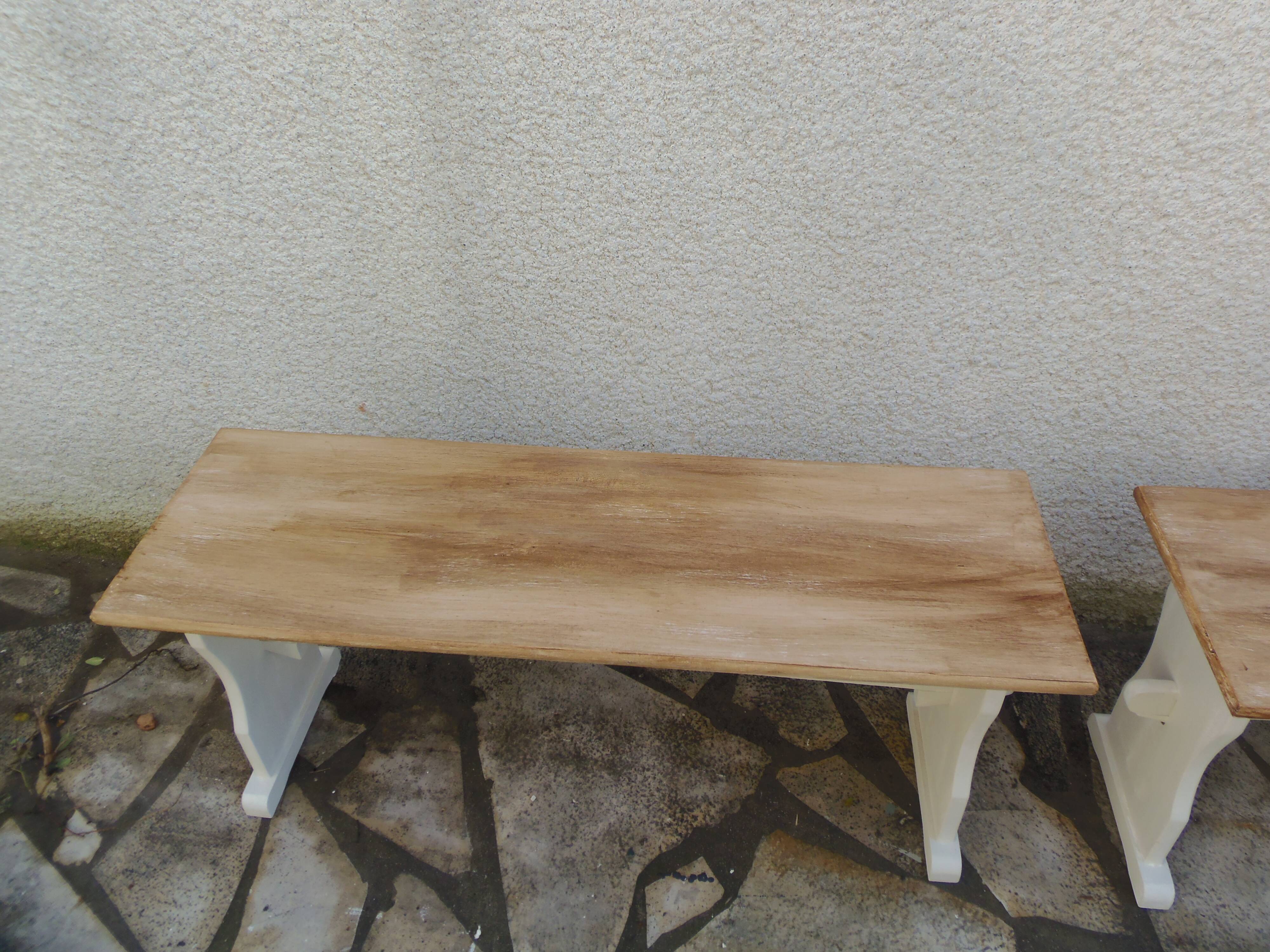2 re-enchanted benches in beige with a waxed finish, medium oak waxed seat.