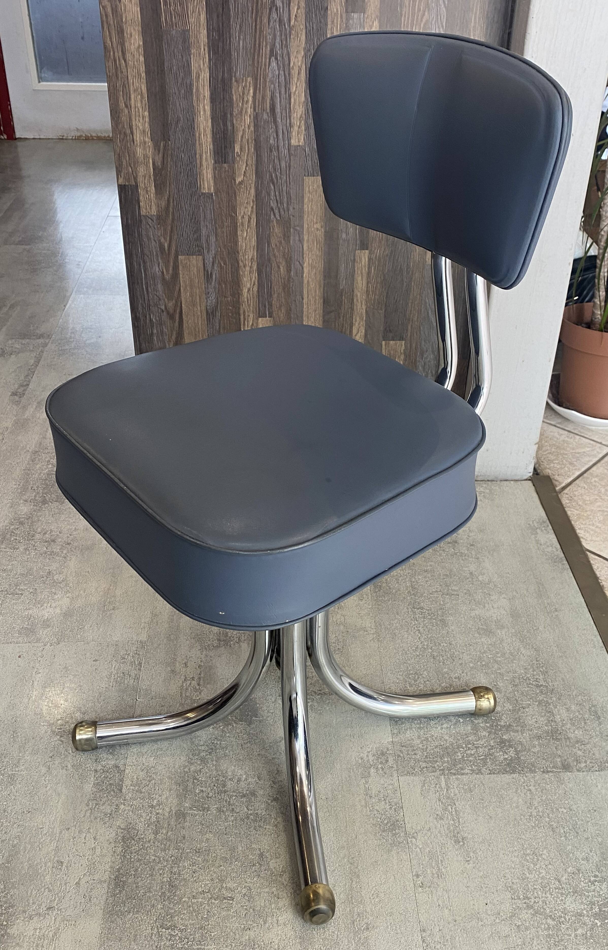 Swivel office chair in Roneo style, grey faux leather with vintage chrome.