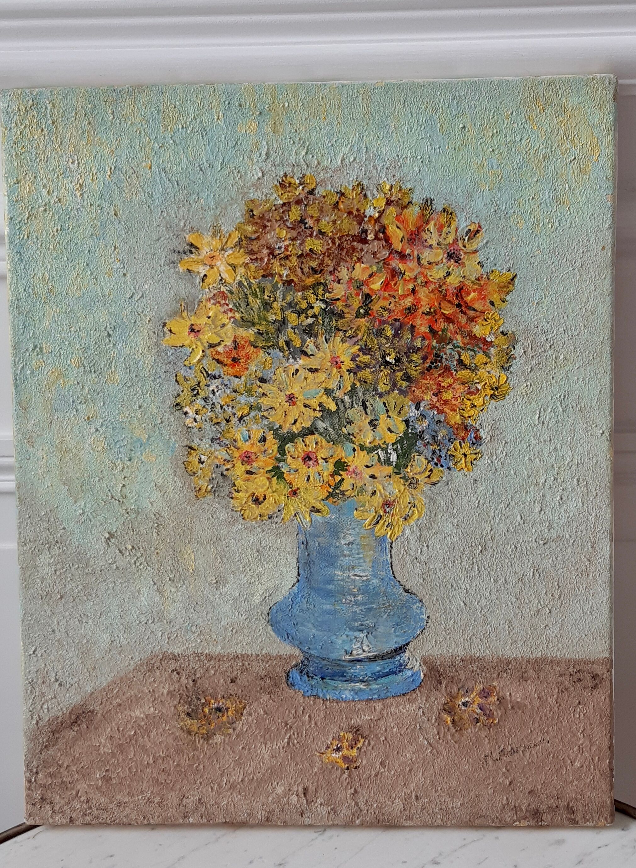 Oil on canvas painting old bouquet