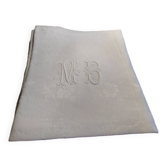 12 old napkins in silky linen damask, floral decoration, MB monogram