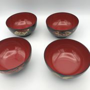 Set of 4 japanese bowls in lasewood decorated with black and red paint