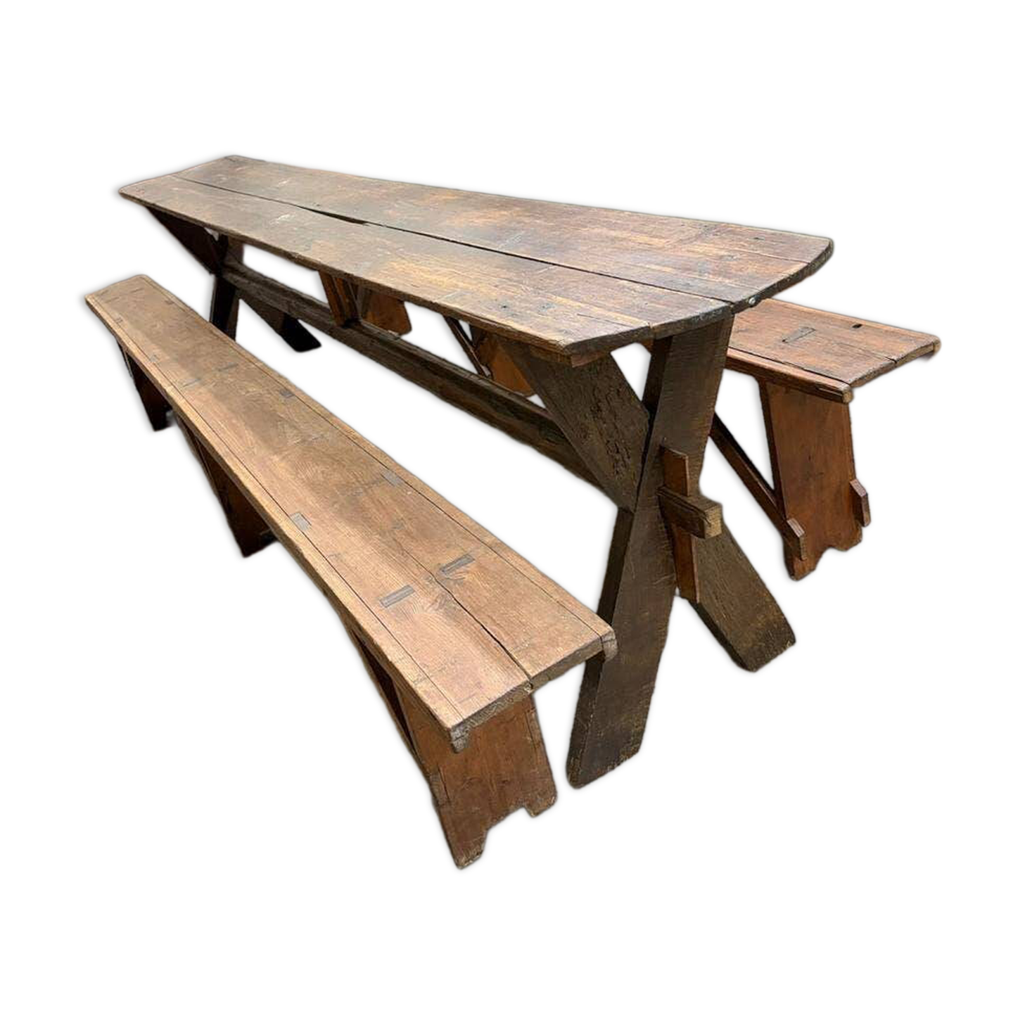Table XL vintage en bois / Table de jardin avec bancs intégrés