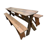 Table XL vintage en bois / Table de jardin avec bancs intégrés