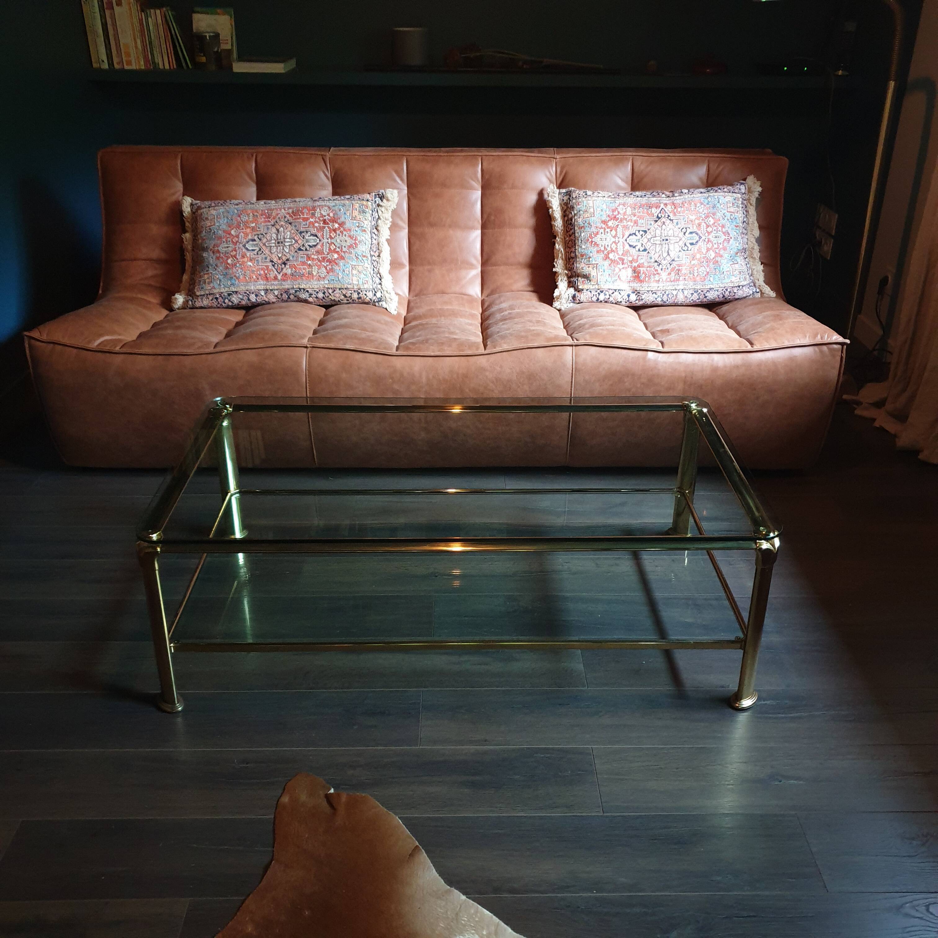 Vintage brass and glass coffee table, Italian, 70s Hollywood Regency style
