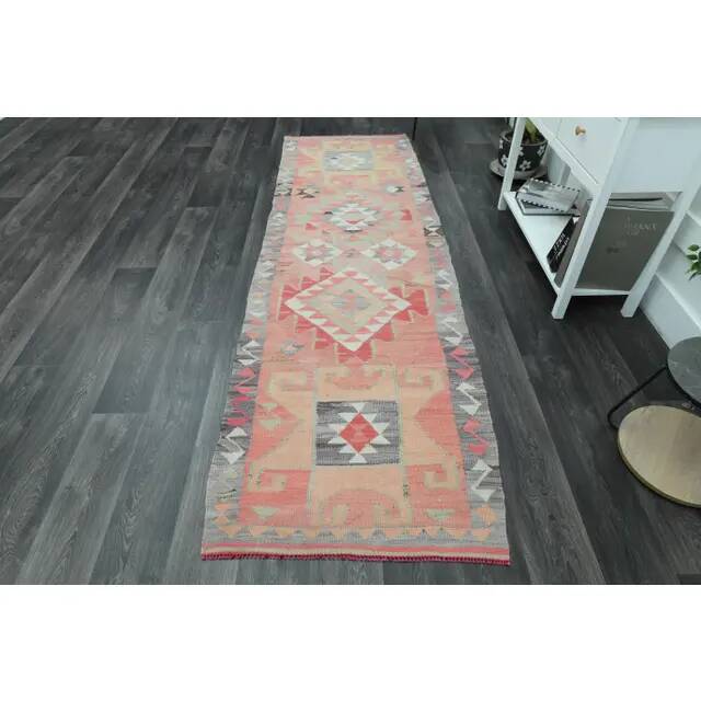 1970s Vintage Turkish Handmade Wool & Cotton Pink Runner Rug 94x306