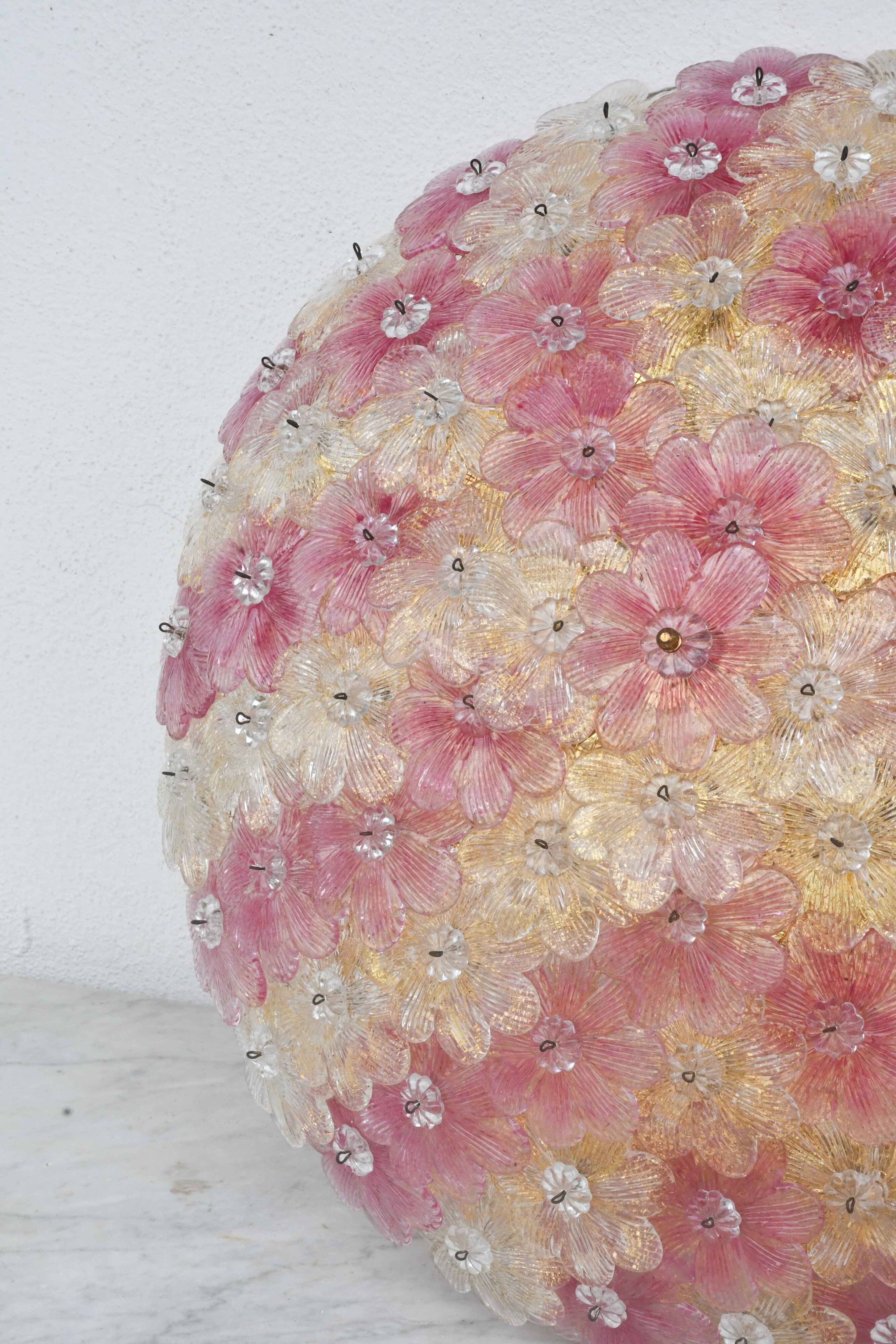 Amazing Pink and Gold Large Size Murano Ceiling Light Flower by Seguso