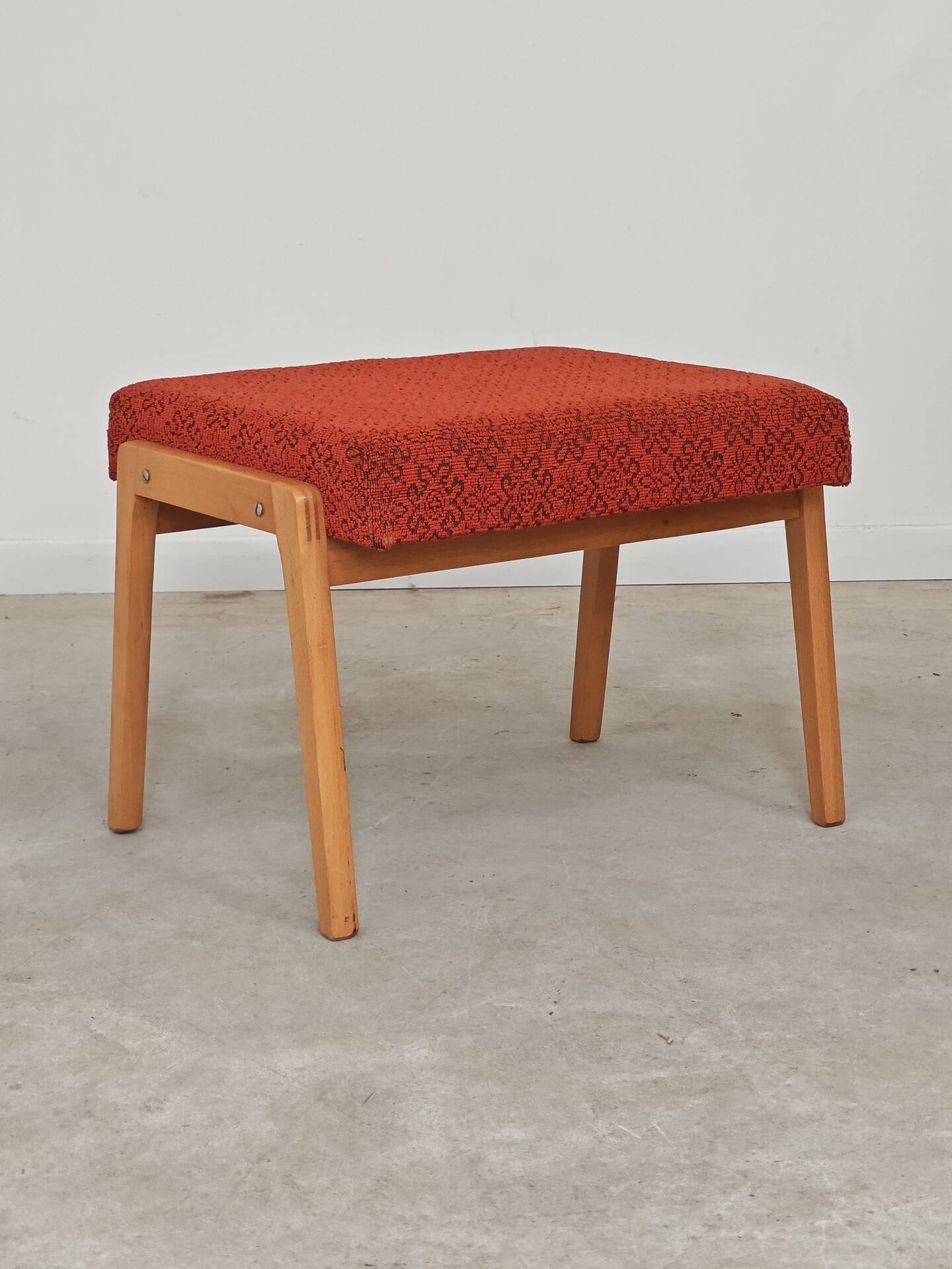 Ton bystrice stool (thonet) wood and orange patterned fabric 1960
