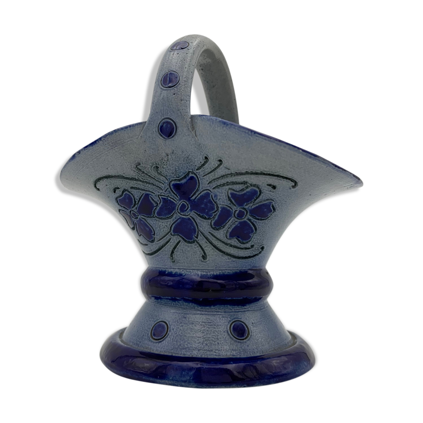 Vintage basket in traditional Alsace stoneware, cobalt blue flower patterns - 1970s.