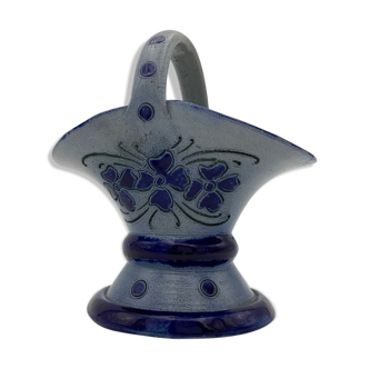 Vintage basket in traditional Alsace stoneware, cobalt blue flower patterns - 1970s.