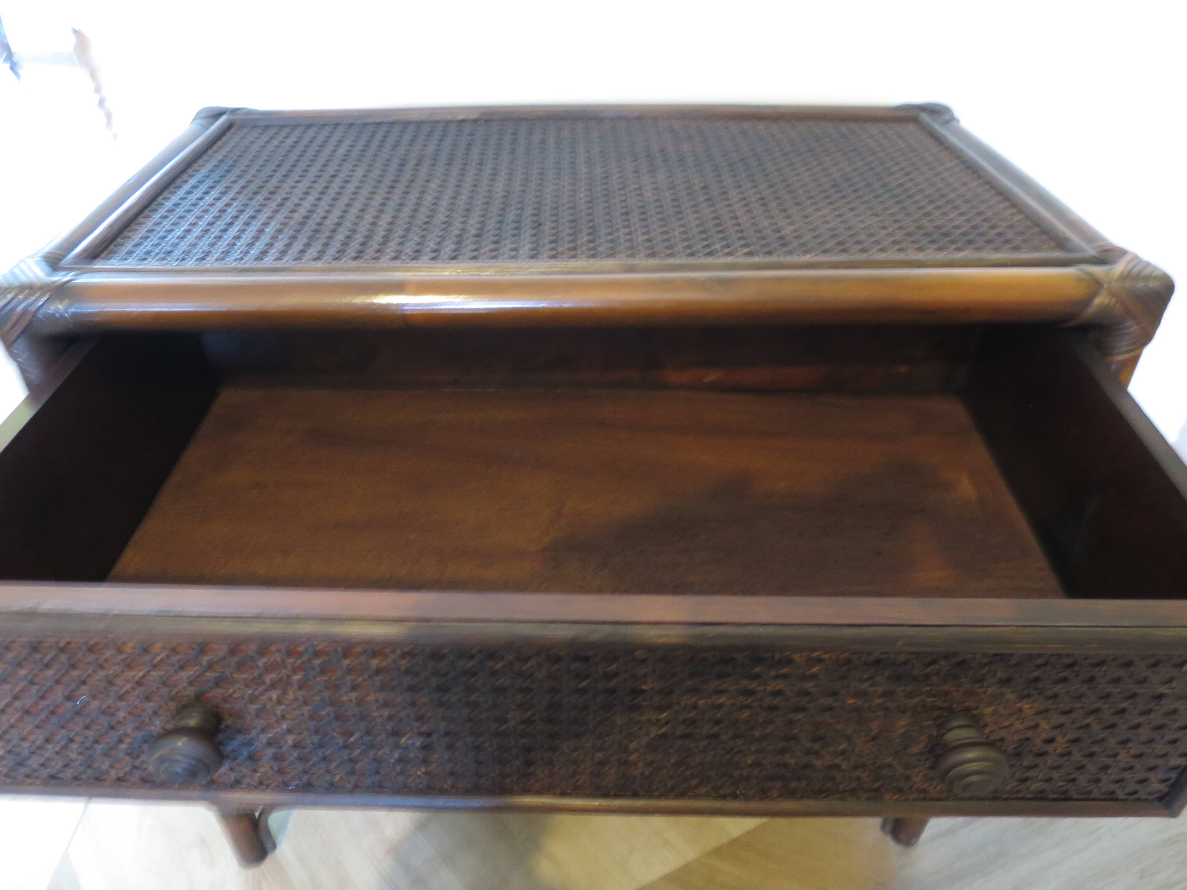 Vintage 3-drawer chest of drawers - wood, bamboo and woven rattan - 1980s