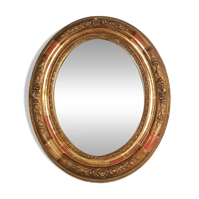 Ancien miroir ovale cadre bois stuc dorure d'origine 37x31 cm Belle patine