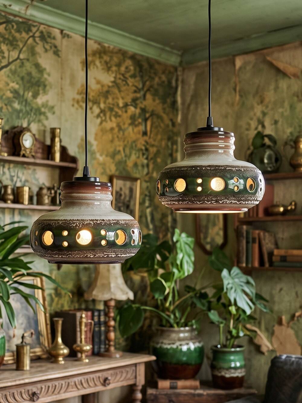 Pair of large Herda pendant lights in glazed ceramic, 1970s