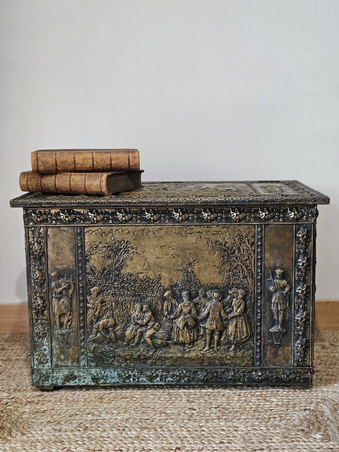 Wooden chest with repoussé brass decoration, 20th century.