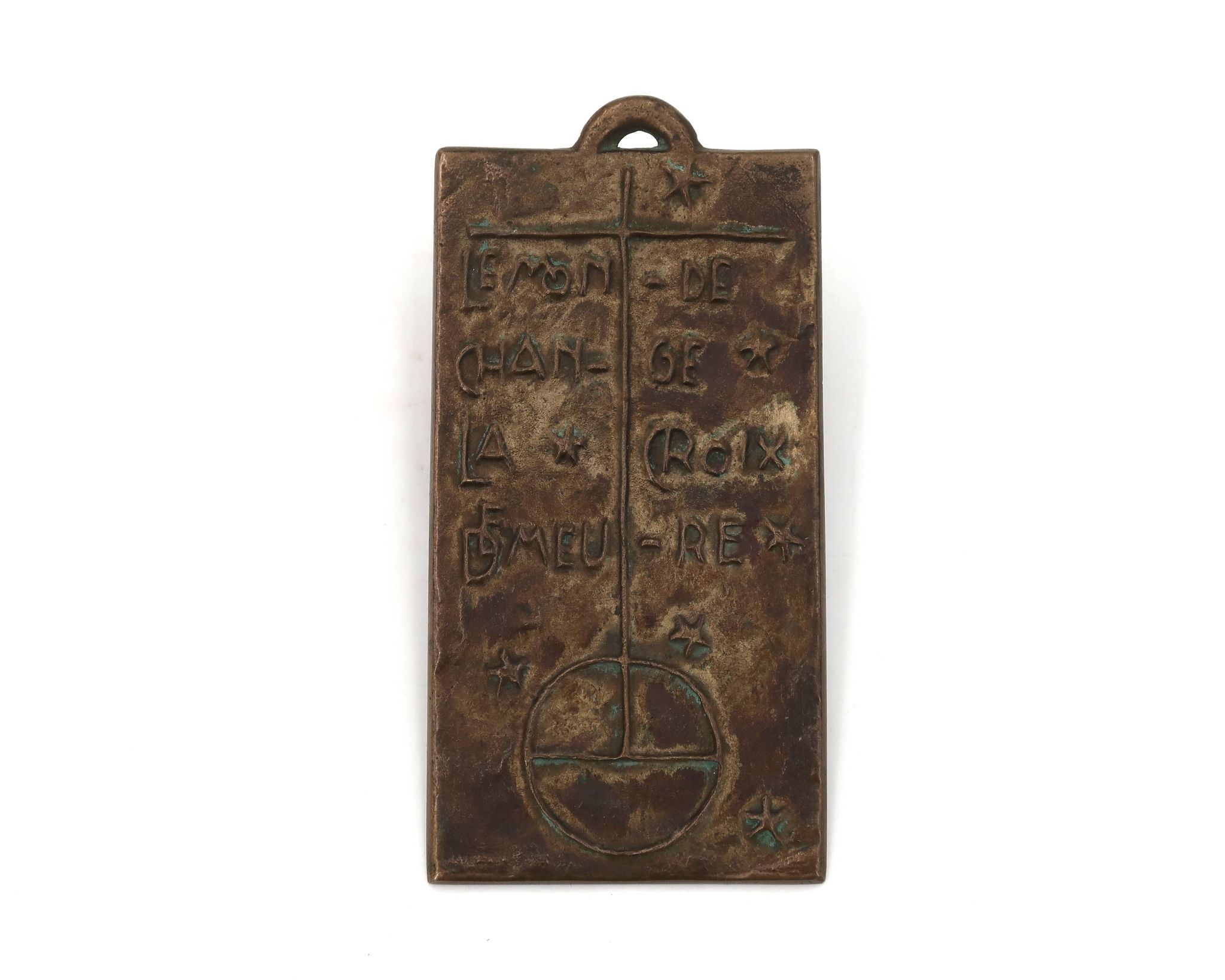 Plaque religieuse murale moderniste en bronze avec dicton, années 50