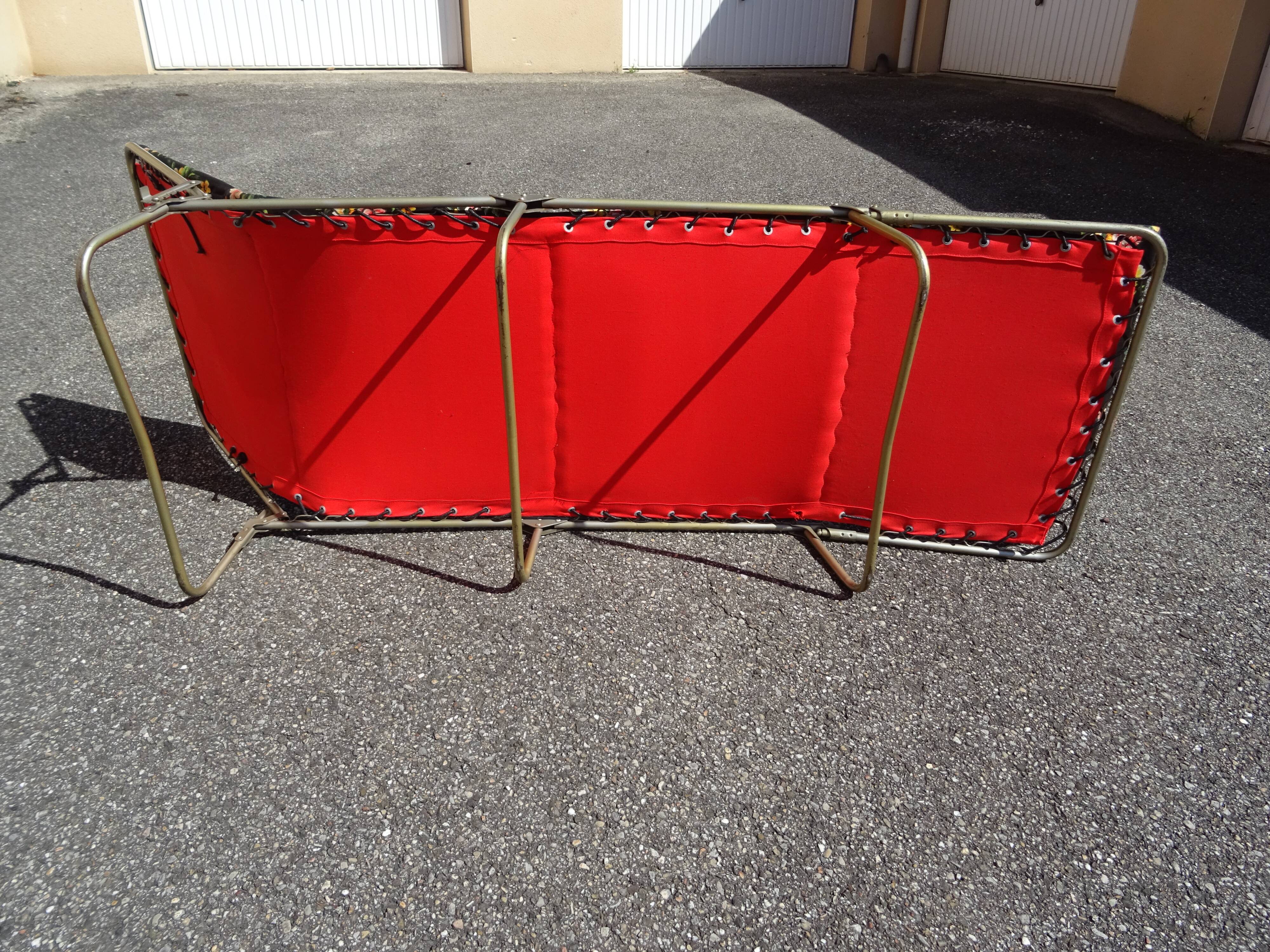 Folding chaise longue cous camp bed with flowers vintage brand Castel Joyeux