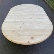 Table à manger ronde extensible pied central rénovée en bois massif 200cm