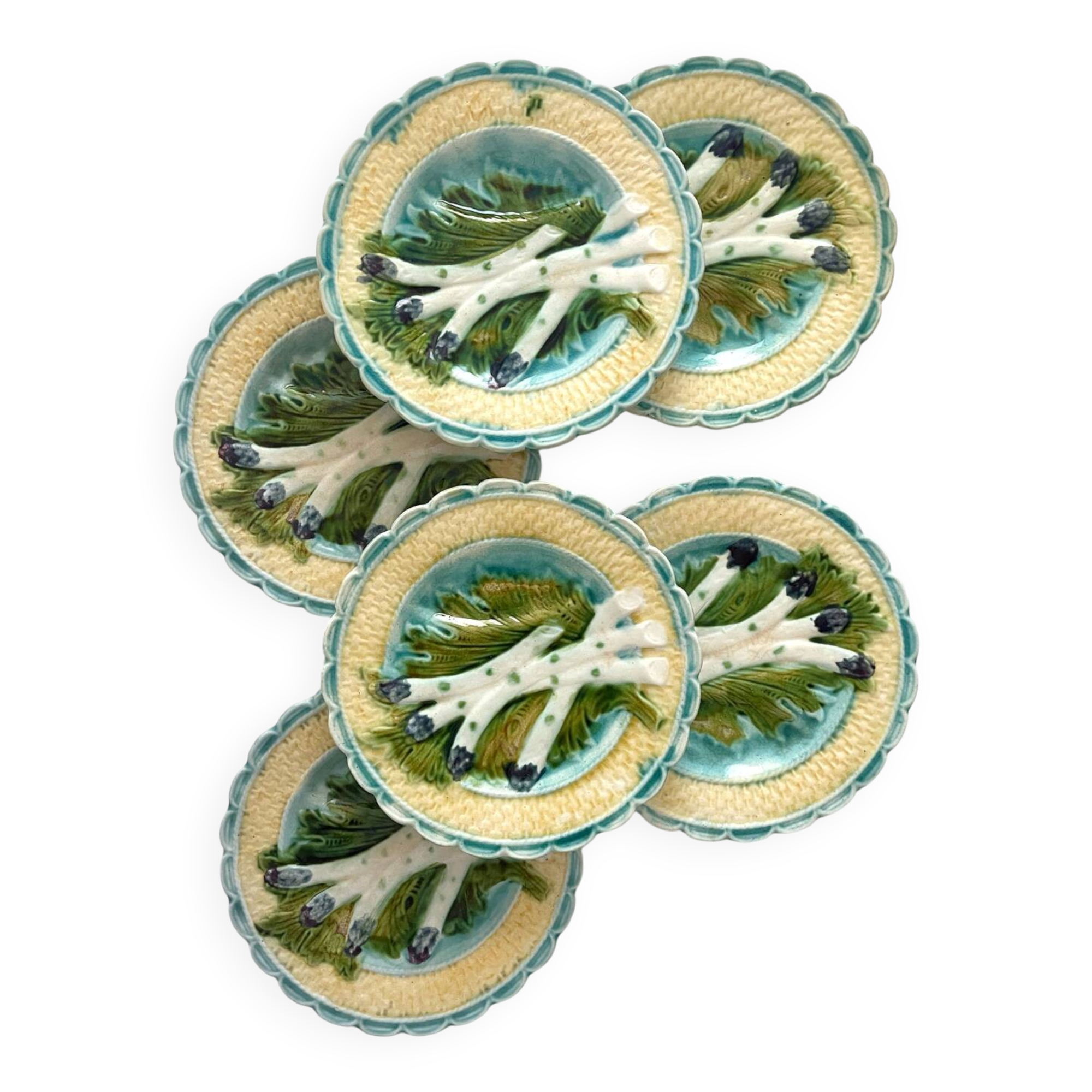 6 antique asparagus plates in Salins faience barbotine