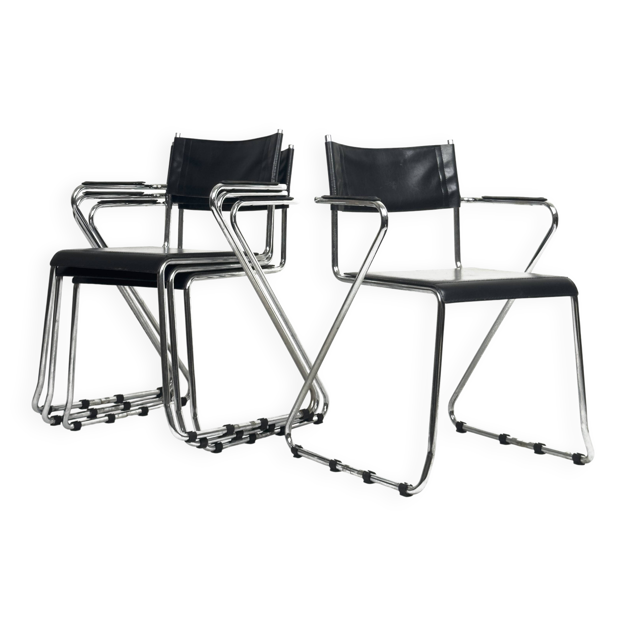 Vintage Cantilever Black Leather and Chrome Armchair , Set of 4