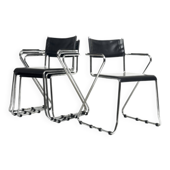 Vintage Cantilever Black Leather and Chrome Armchair , Set of 4