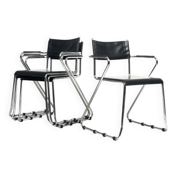Chaise armchair vintage en cuir noir et chrome, ensemble de 4
