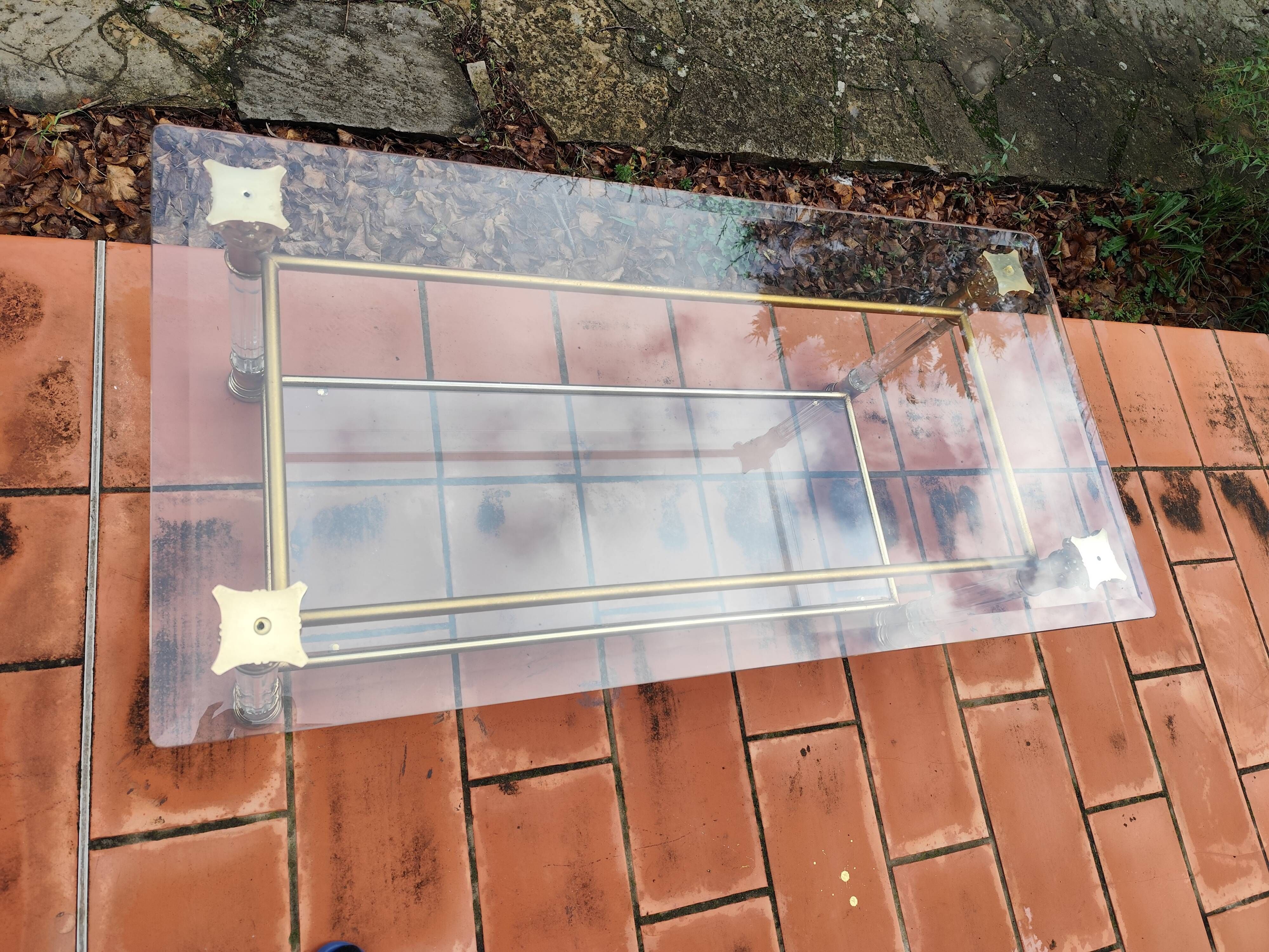 Rectangular coffee table in glass, brass and plexiglass Italy Hollywood Re