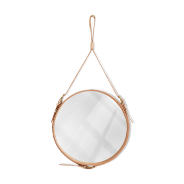 Handmade J. Adnet style mirror in natural vegetable-tanned leather, ø 45 cm
