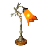 Bronze lamp on blond oak base, art nouveau with tulip, 45x30