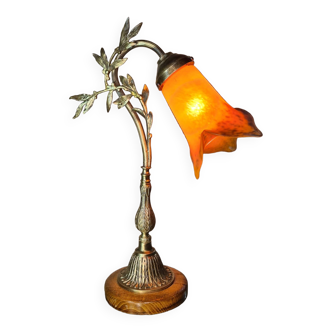 Bronze lamp on blond oak base, art nouveau with tulip, 45x30