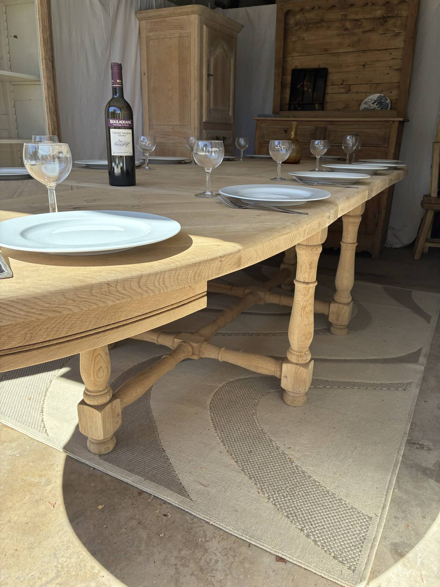 Solid oak farmhouse table with extensions.