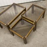 Set of 3 elm and smoked glass nesting tables 1970